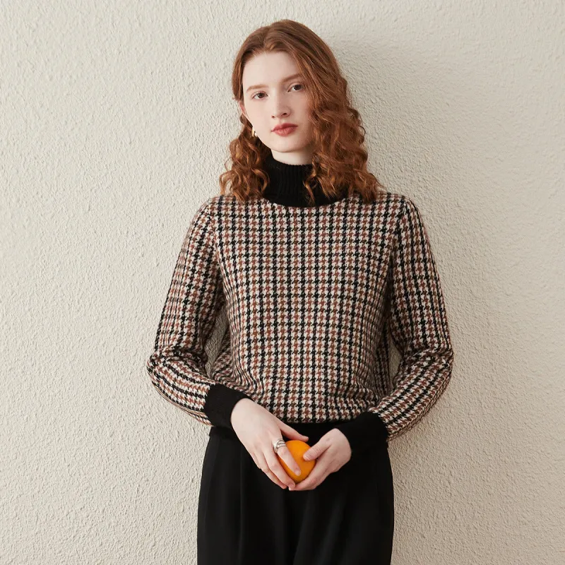 100% Wool Houndstooth Pattern Turtleneck Sweater sold by COMOBOCA