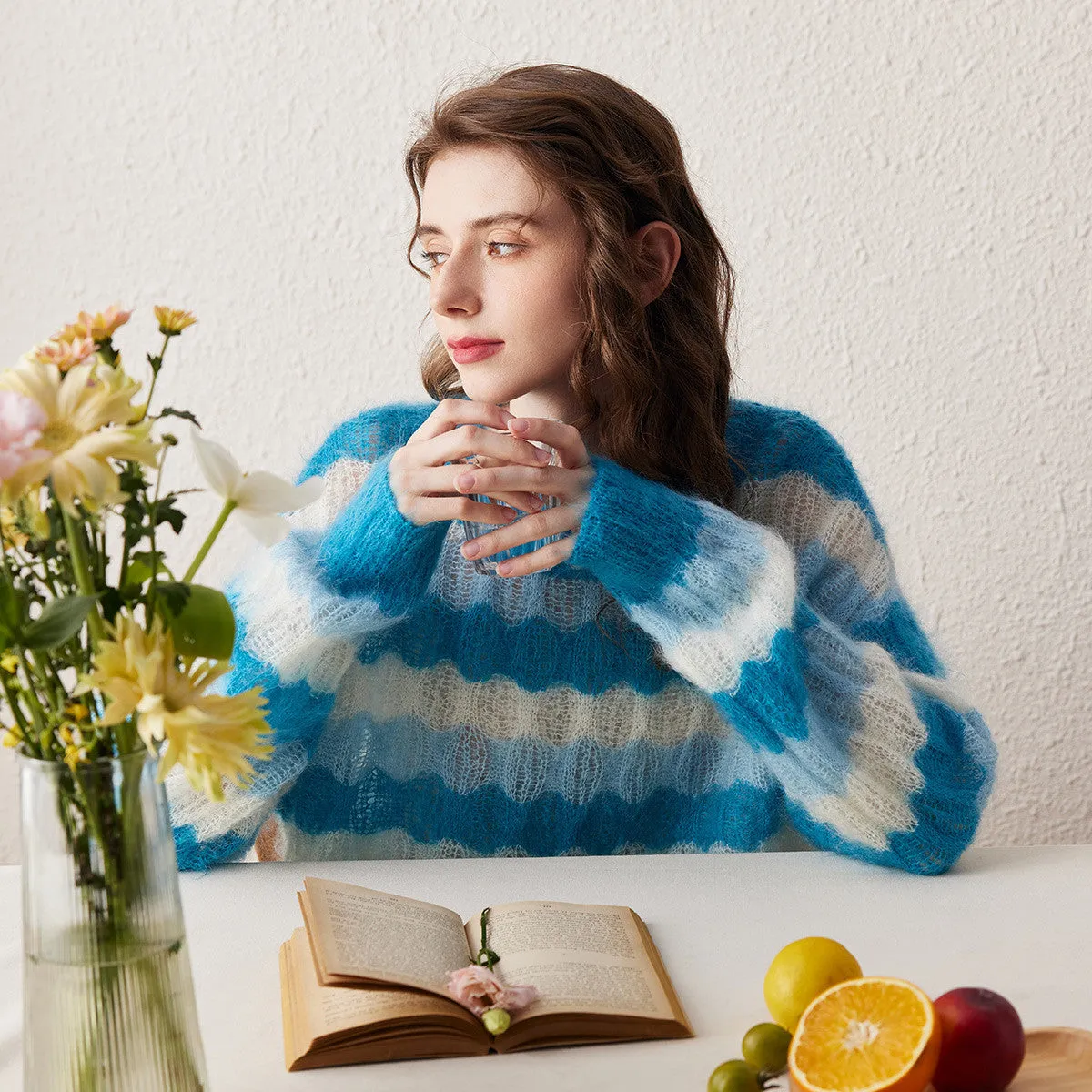 Cozy Blue Mohair Striped Fluffy Sweater sold by COMOBOCA product image thumbnail 4