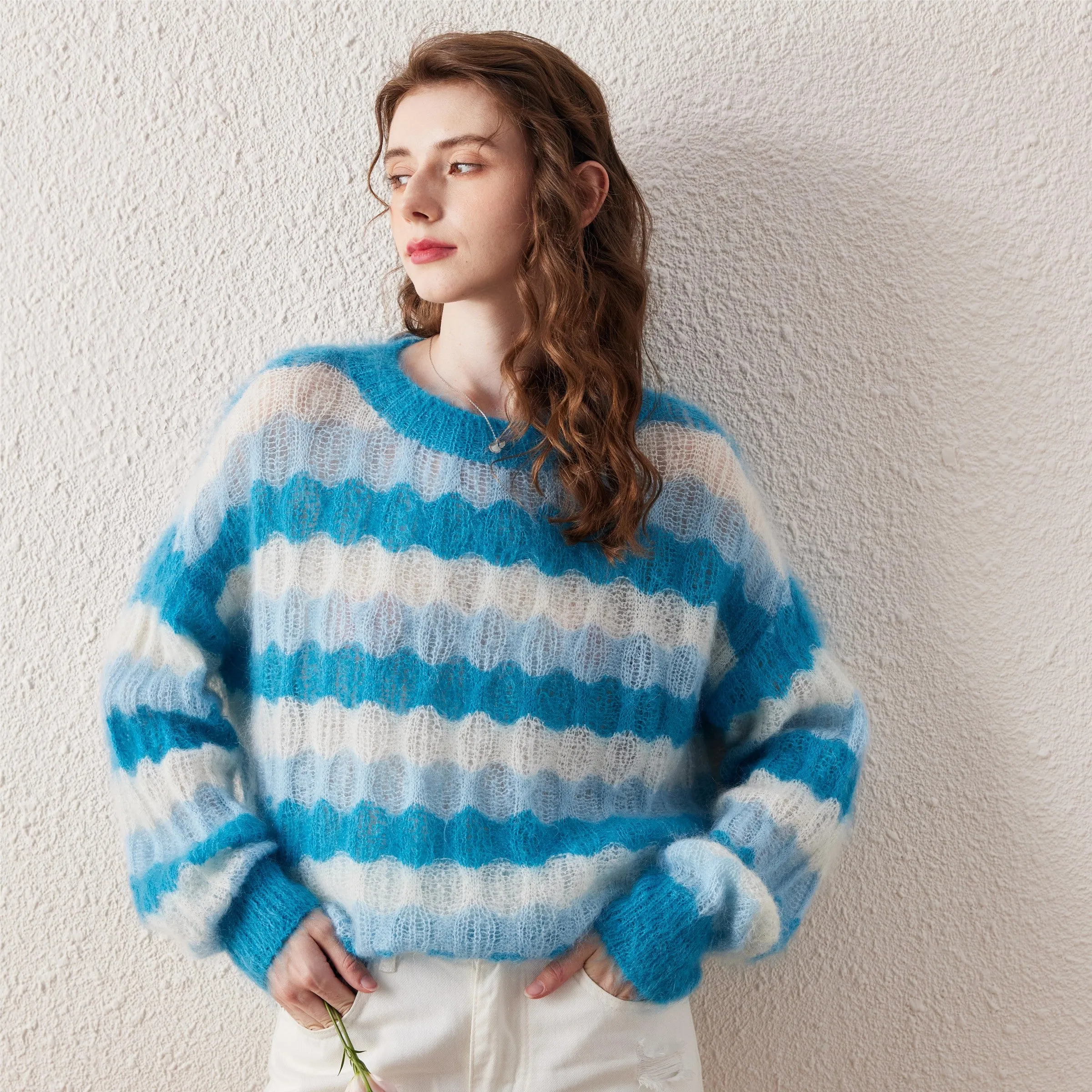 Cozy Blue Mohair Striped Fluffy Sweater sold by COMOBOCA product image thumbnail 2