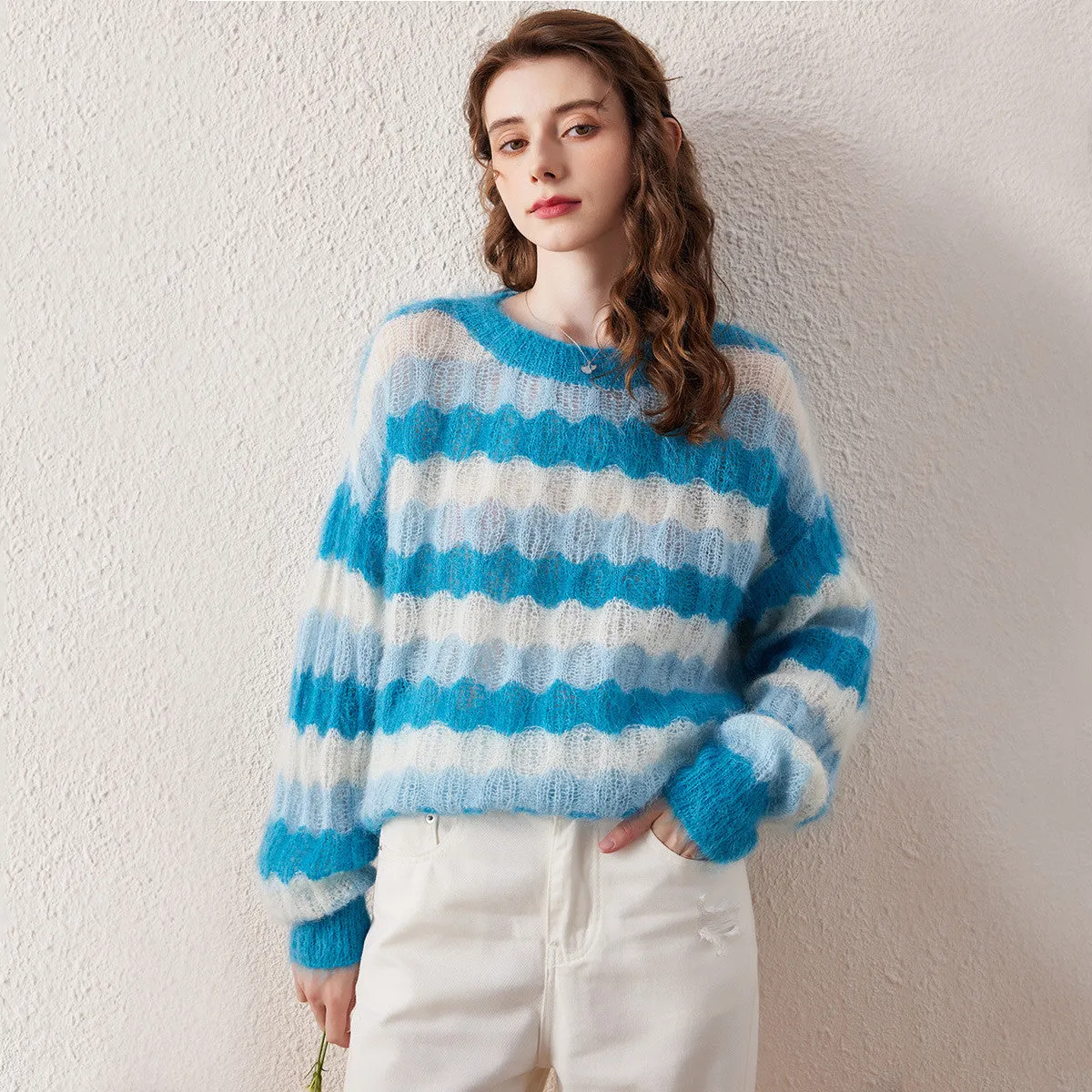 Cozy Blue Mohair Striped Fluffy Sweater sold by COMOBOCA