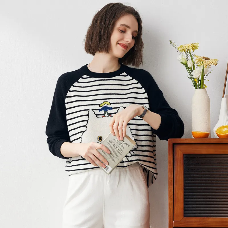 100% Cashmere Cute Cat Striped Sweater sold by COMOBOCA