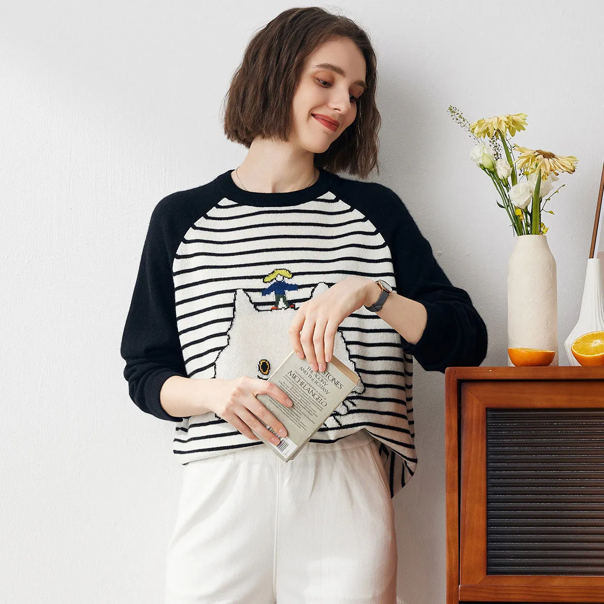 100% Cashmere Cute Cat Striped Sweater sold by COMOBOCA