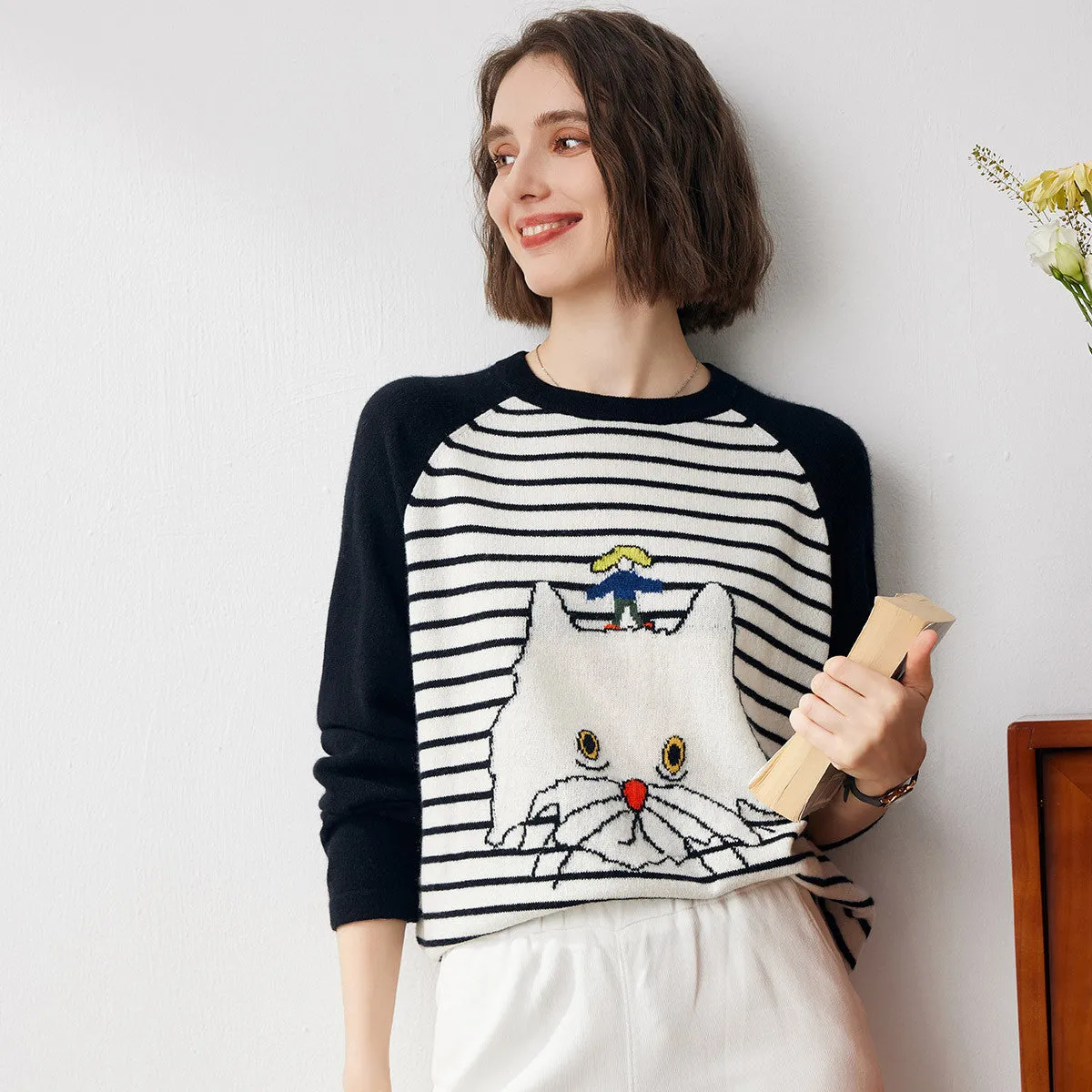 100% Cashmere Cute Cat Striped Sweater sold by COMOBOCA product image thumbnail 2
