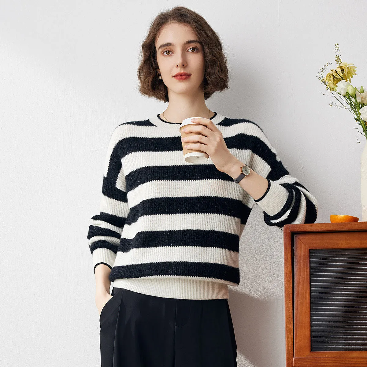 100% Cashmere Classic Womens Striped Sweater sold by COMOBOCA