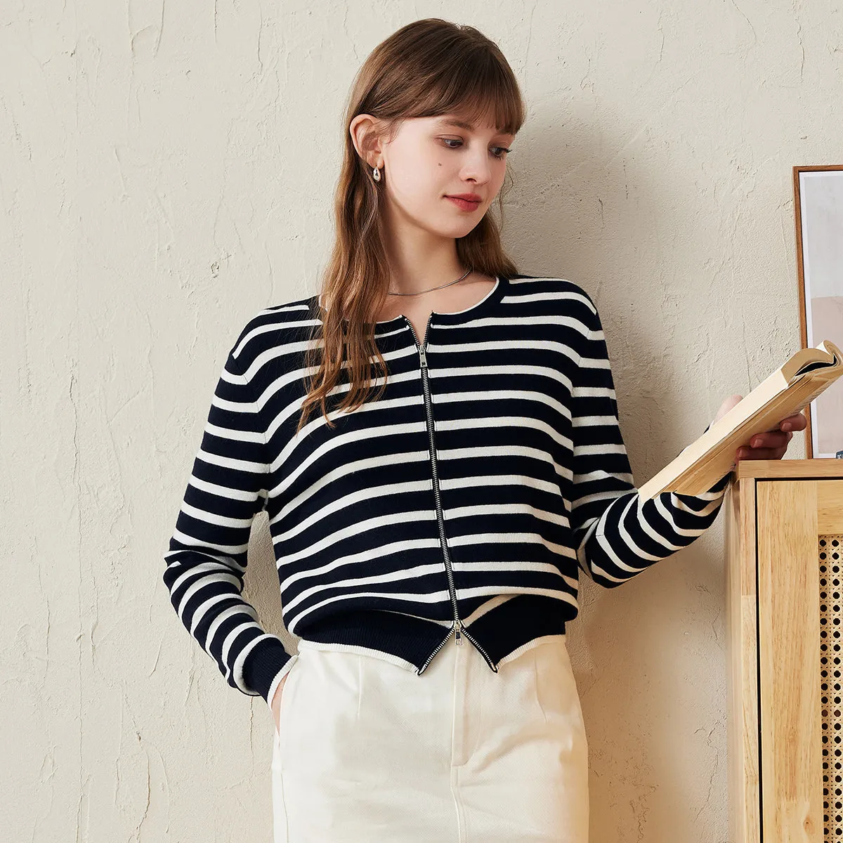 100% Wool Casual Striped Zip-Up Cardigan sold by COMOBOCA product image thumbnail 2