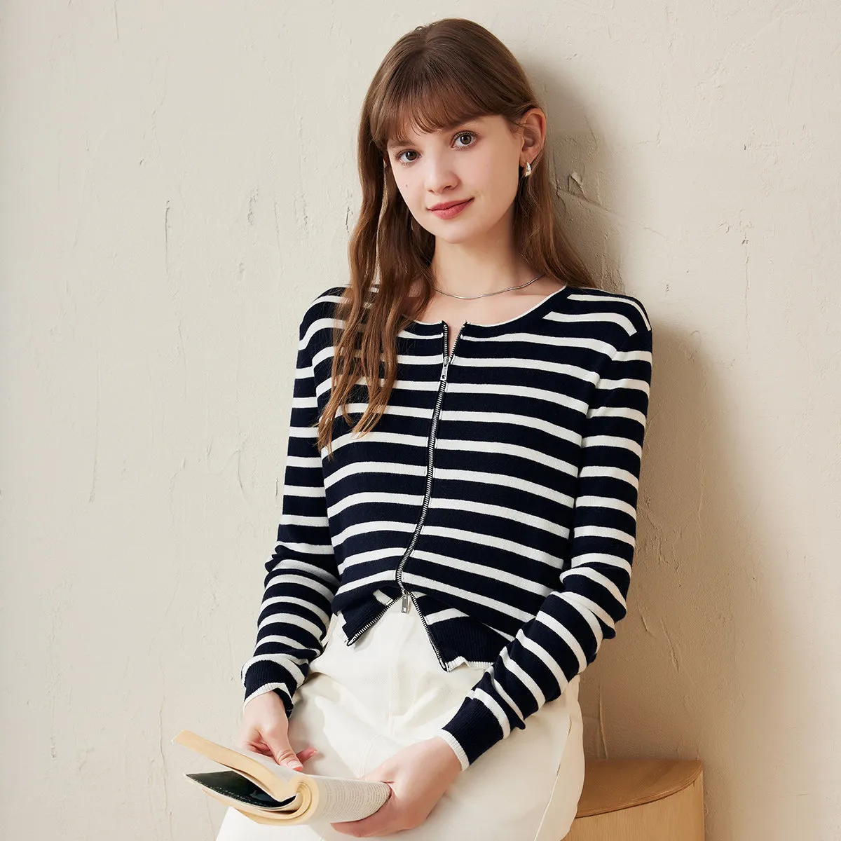 100% Wool Casual Striped Zip-Up Cardigan sold by COMOBOCA