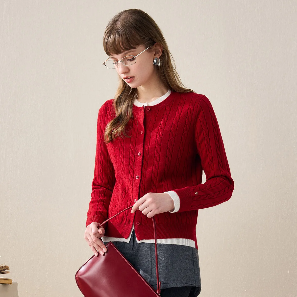 100% Wool Cable Knit Cardigan with Contrast Trim sold by COMOBOCA product image thumbnail 3