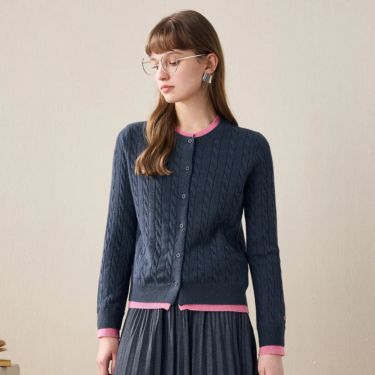 100% Wool Cable Knit Cardigan with Contrast Trim sold by COMOBOCA product image thumbnail 2