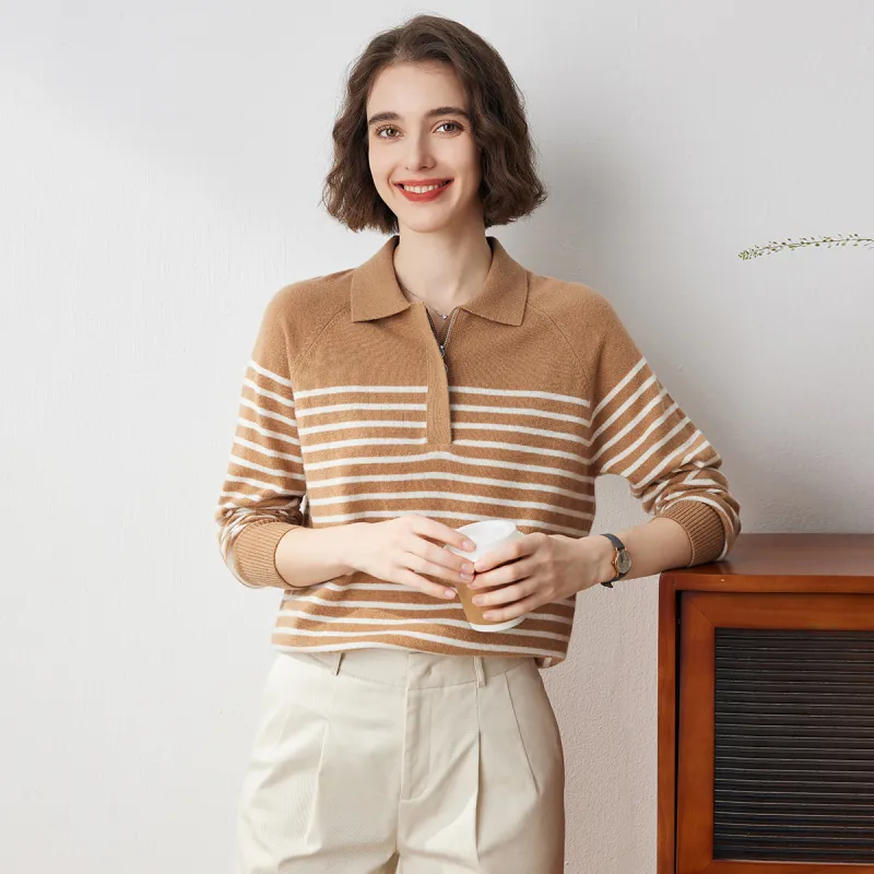 100% Cashmere Women's Cozy Striped Polo Neck Sweater sold by COMOBOCA