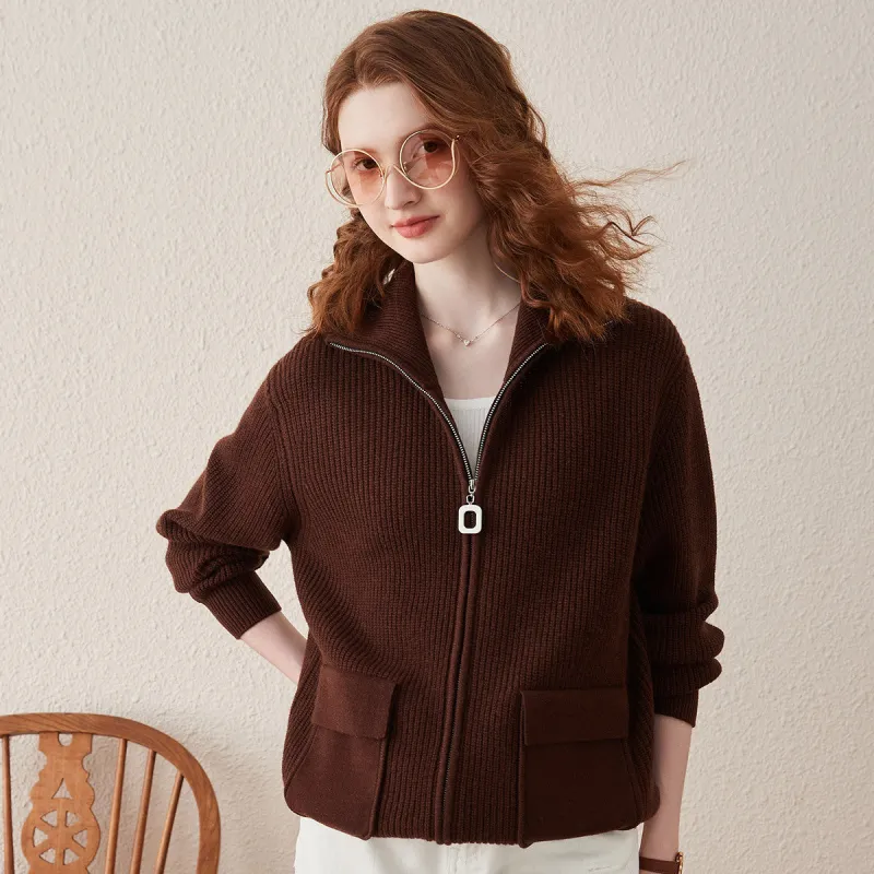 100% Wool Women's Knit Zipper Cardigan with Pockets sold by COMOBOCA