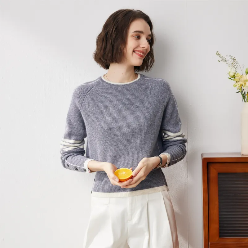 100% Cashmere Women's Striped Sleeve Round Neck Sweater sold by COMOBOCA