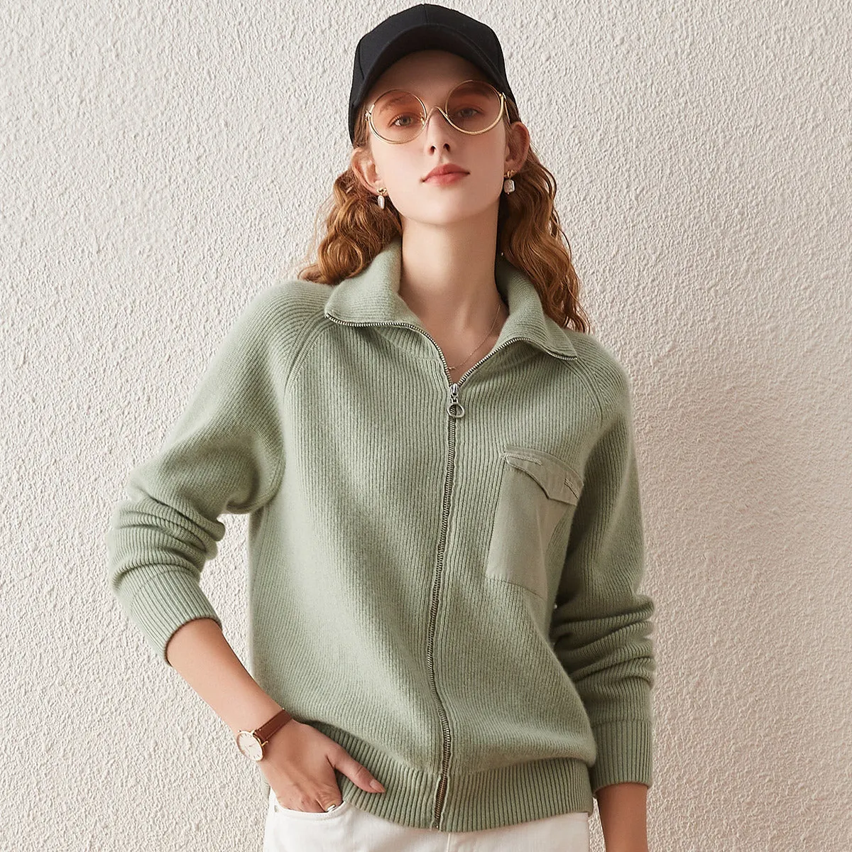 100% Cashmere Zip-Up Cardigan with Pocket Detail sold by COMOBOCA