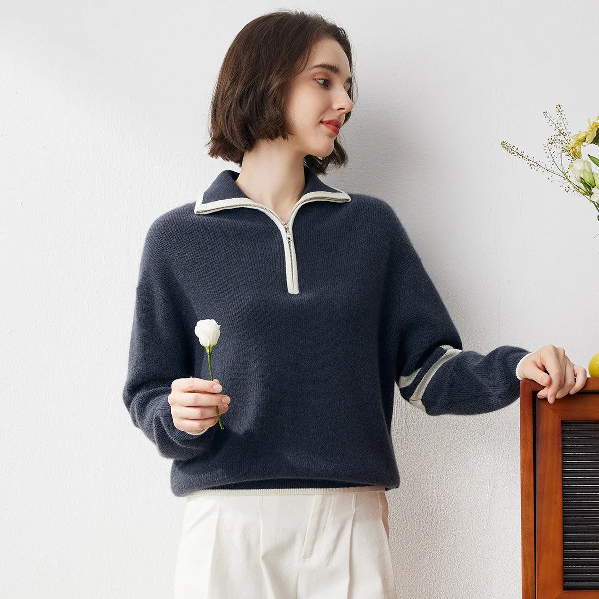 100% Cashmere Women's Contrast Trim Zip Sweater sold by COMOBOCA product image thumbnail 3