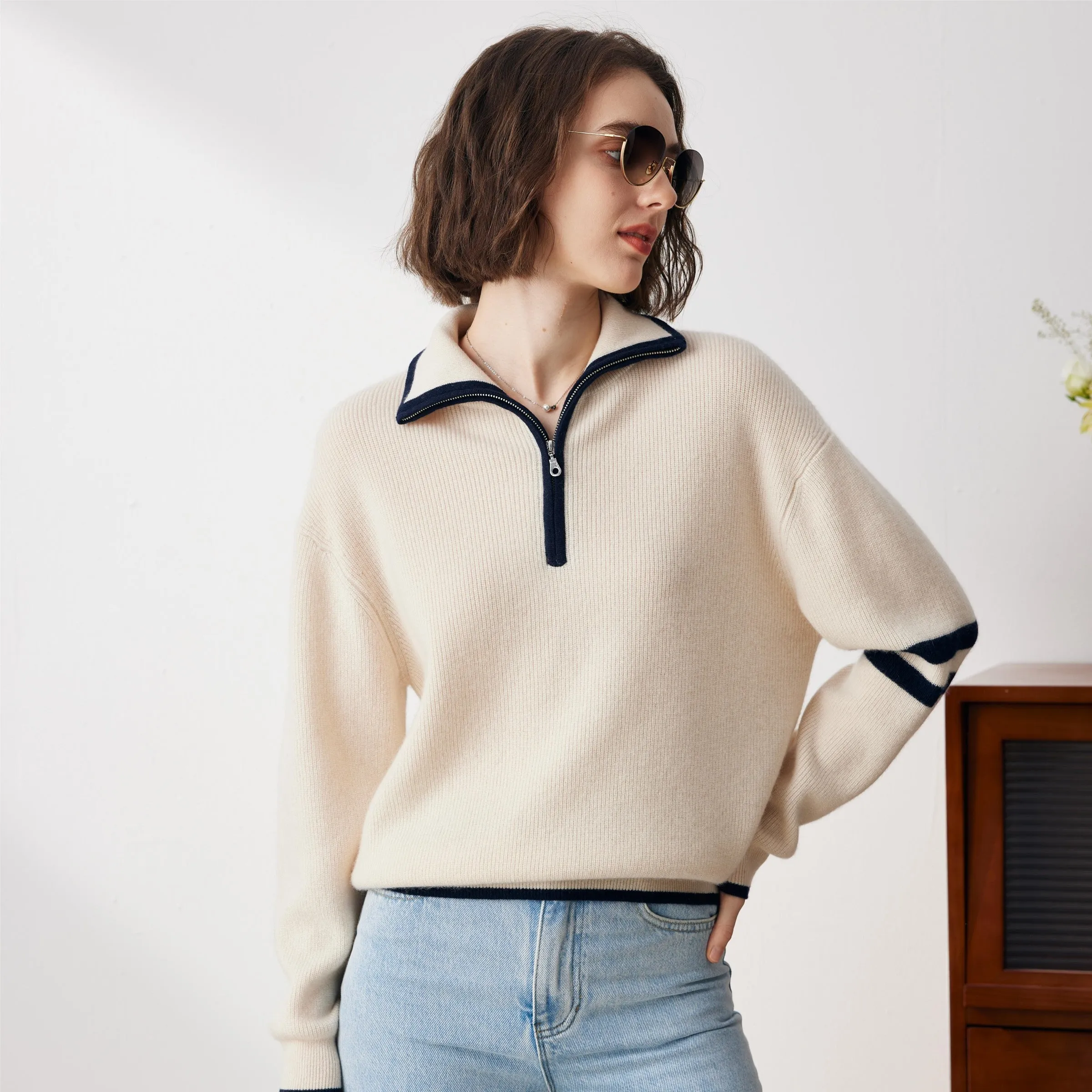 100% Cashmere Women's Contrast Trim Zip Sweater sold by COMOBOCA