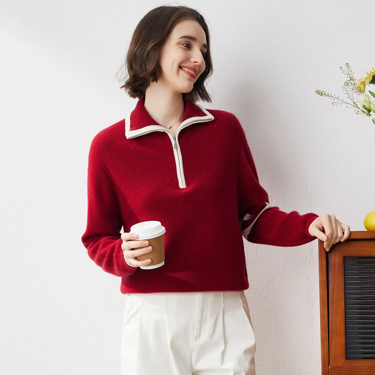 100% Cashmere Women's Contrast Trim Zip Sweater sold by COMOBOCA product image thumbnail 2