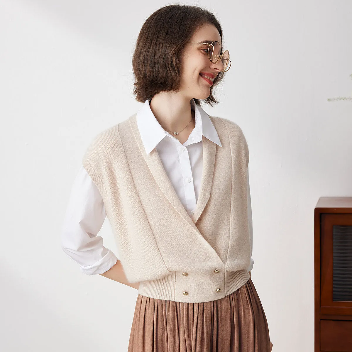 100% Cashmere Women's Knit Sleeveless Wrap Vest sold by COMOBOCA product image thumbnail 4