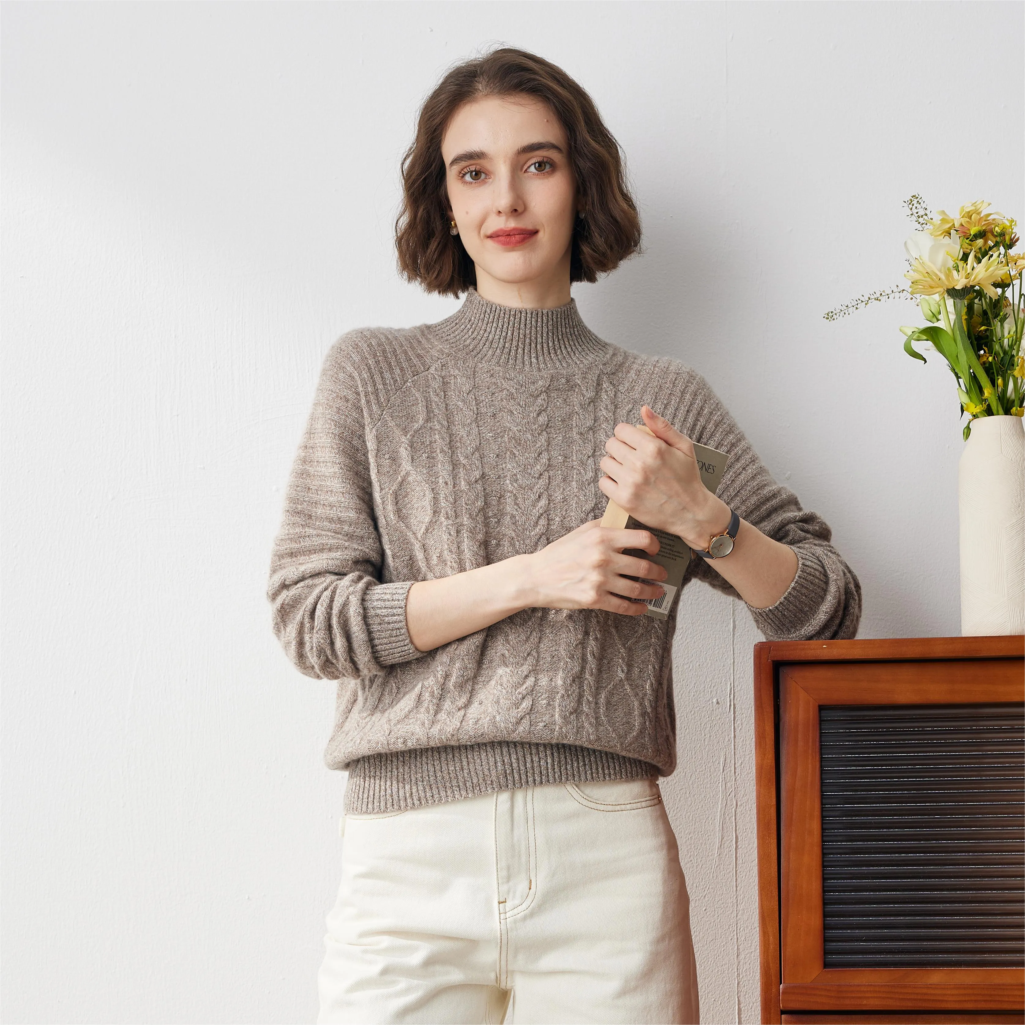100% Cashmere Women's Cable Knit Turtleneck Sweater sold by COMOBOCA product image thumbnail 3