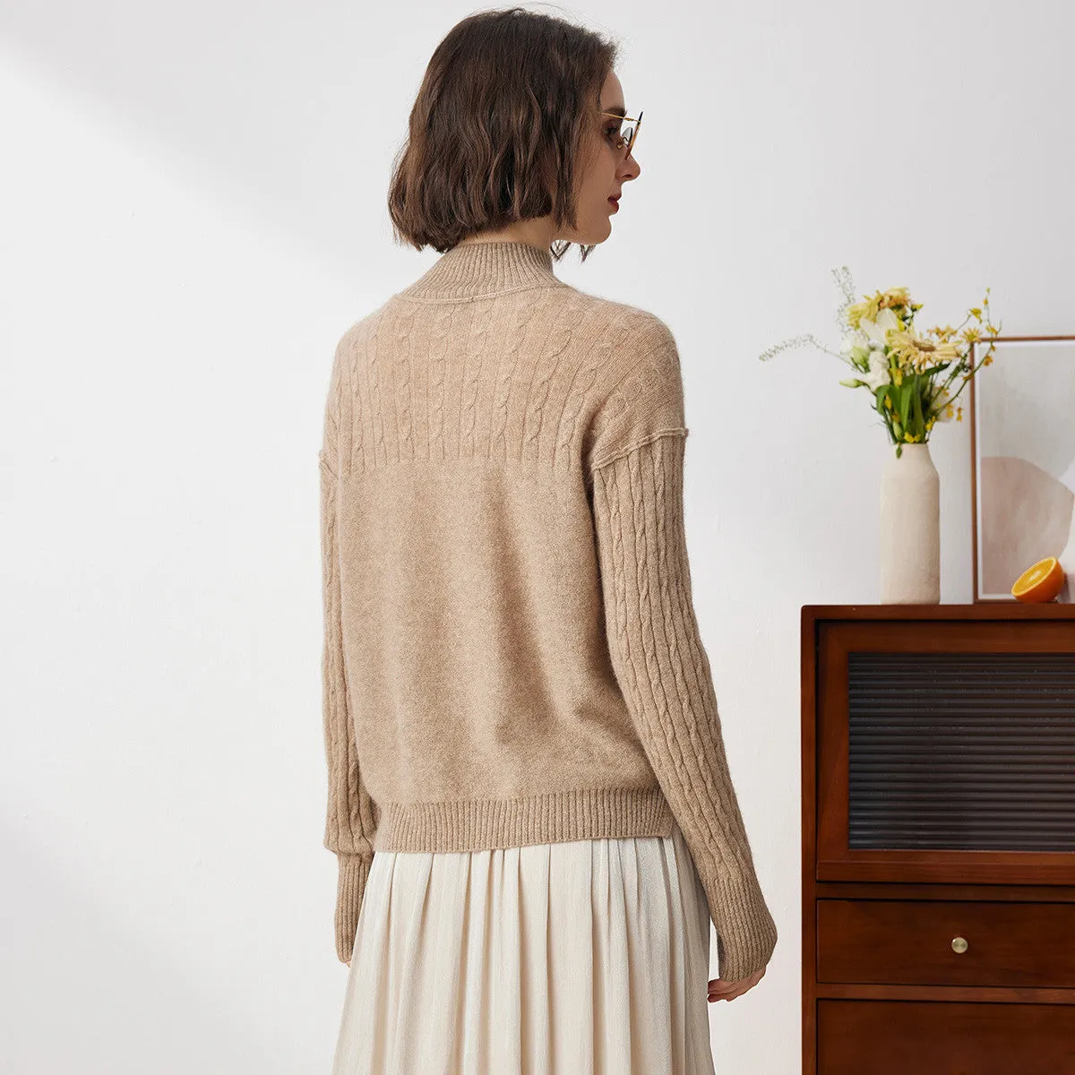 100% Cashmere Cozy Mock Neck Cable Knit Sweater sold by COMOBOCA product image thumbnail 3