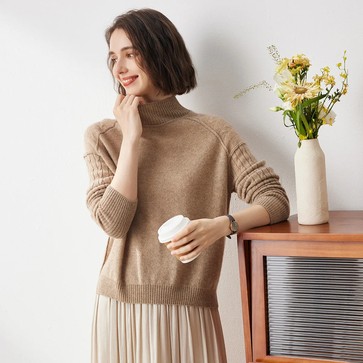 100% Cashmere Cozy Mock Neck Cable Knit Sweater sold by COMOBOCA product image thumbnail 2