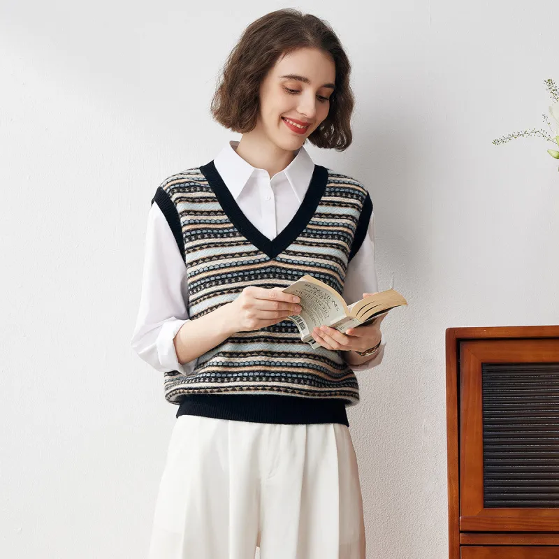 100% Cashmere Stylish V-Neck Striped Knit Vest sold by COMOBOCA