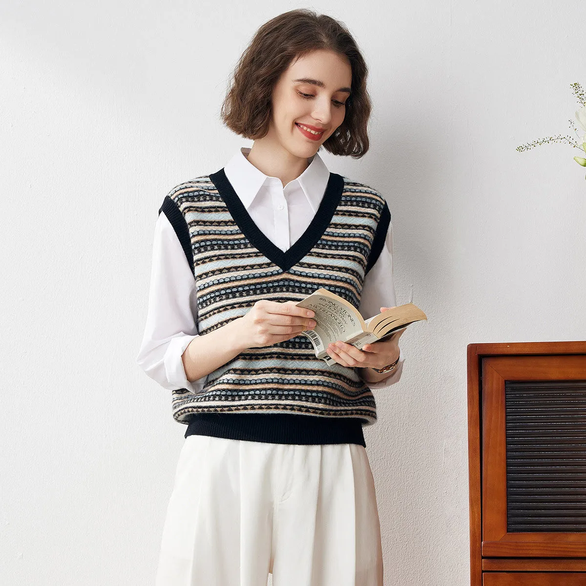 100% Cashmere Stylish V-Neck Striped Knit Vest sold by COMOBOCA