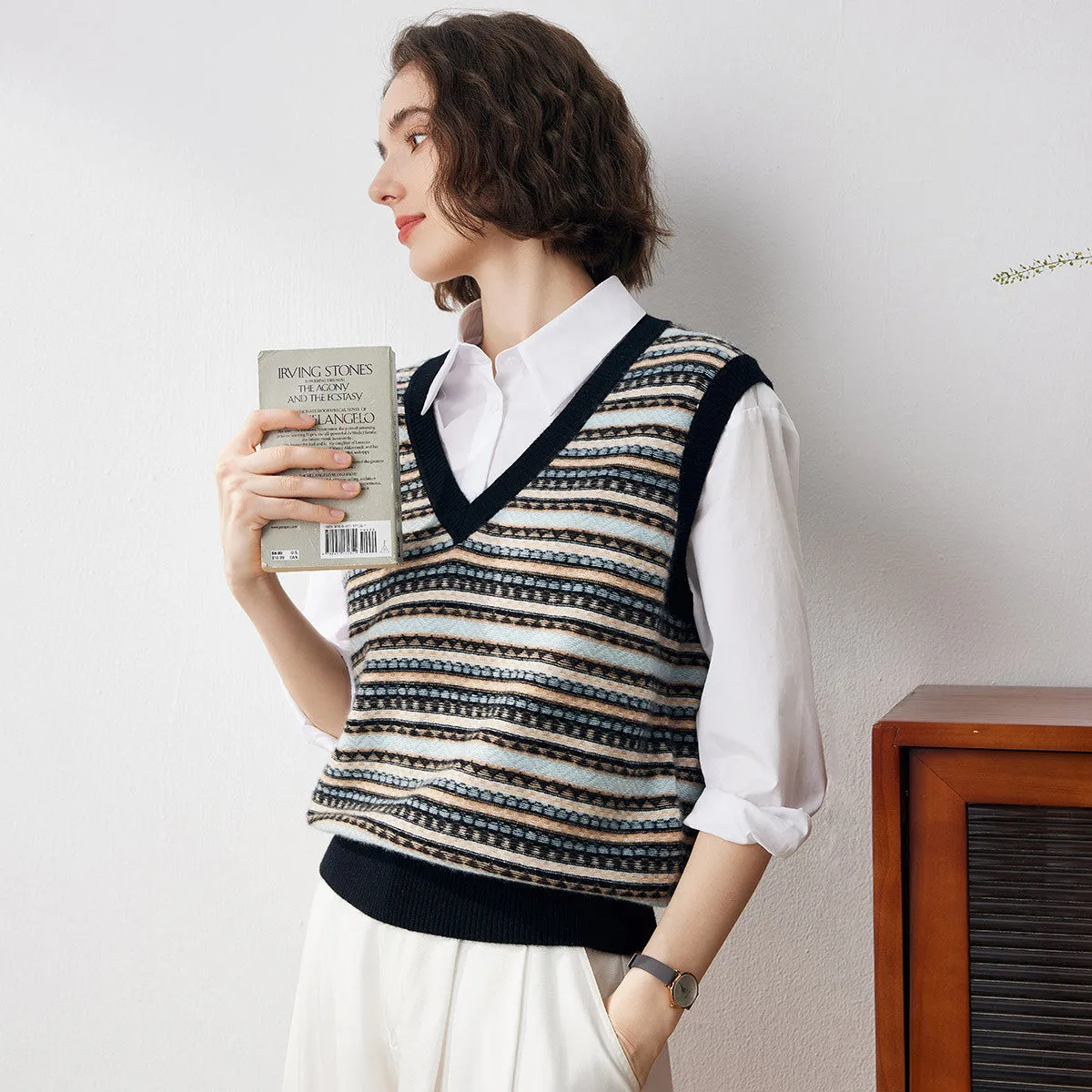100% Cashmere Stylish V-Neck Striped Knit Vest sold by COMOBOCA product image thumbnail 4