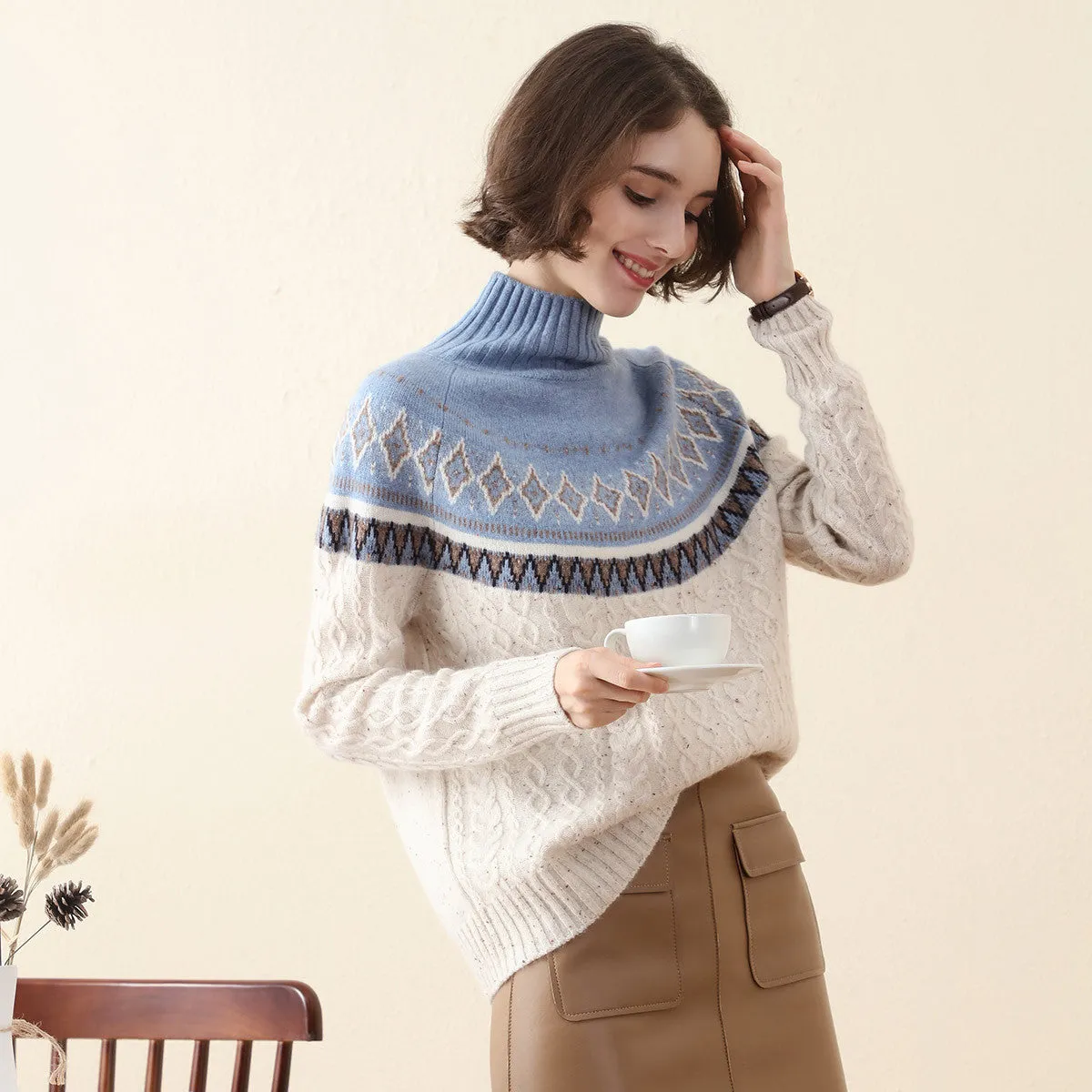 100% Cashmere Women's Mock Neck Nordic Cable Knit Sweater sold by COMOBOCA product image thumbnail 4