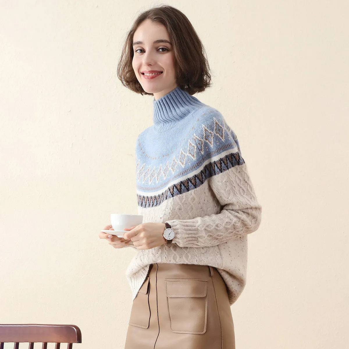 100% Cashmere Women's Mock Neck Nordic Cable Knit Sweater sold by COMOBOCA product image thumbnail 2