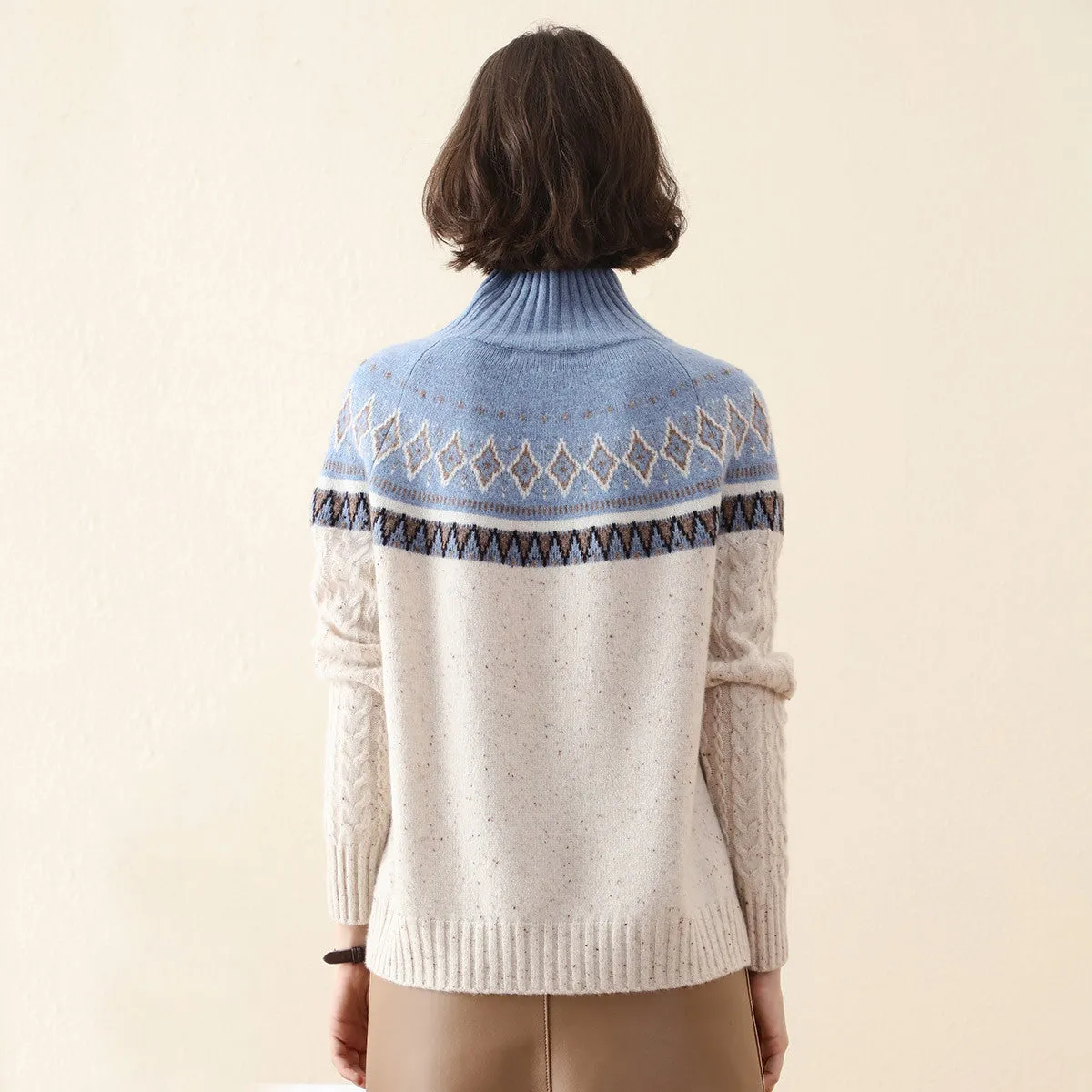 100% Cashmere Women's Mock Neck Nordic Cable Knit Sweater sold by COMOBOCA product image thumbnail 3