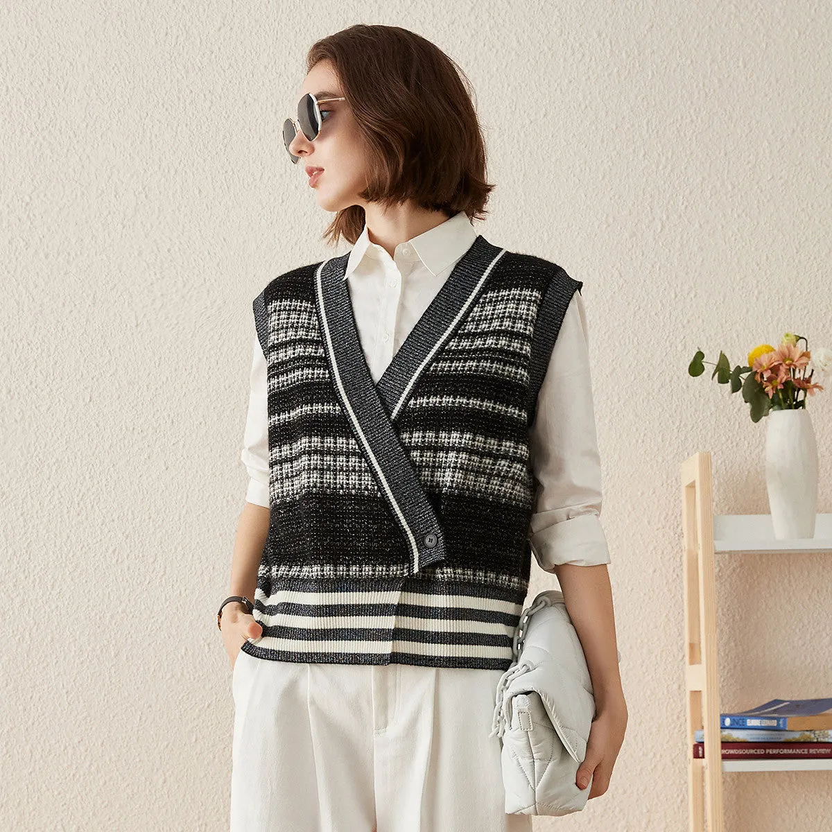 100% Cashmere Striped Knit Vest with Cross-Front Detail sold by COMOBOCA product image thumbnail 2