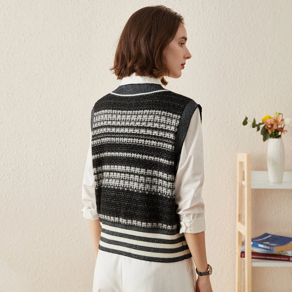100% Cashmere Striped Knit Vest with Cross-Front Detail sold by COMOBOCA product image thumbnail 3