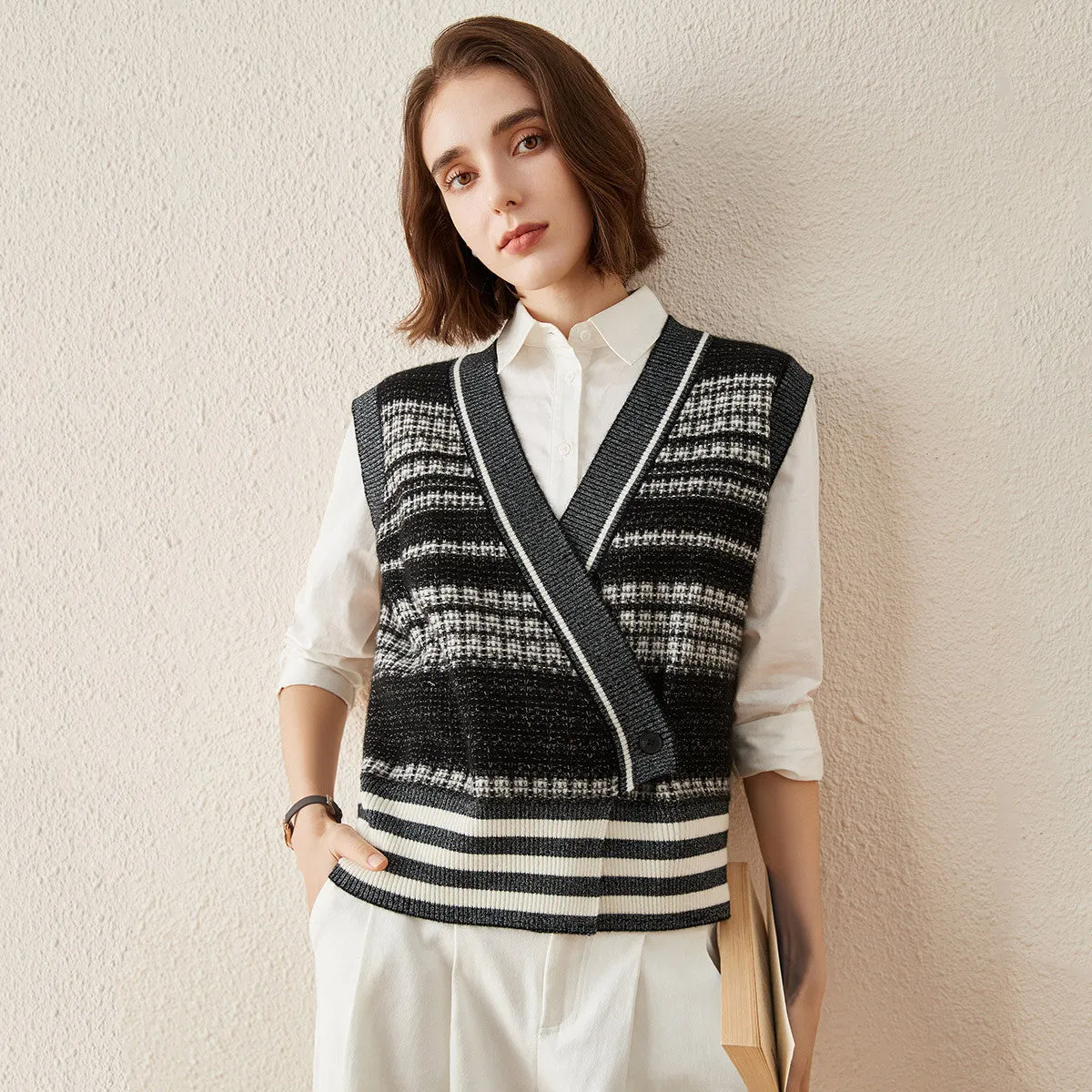100% Cashmere Striped Knit Vest with Cross-Front Detail sold by COMOBOCA