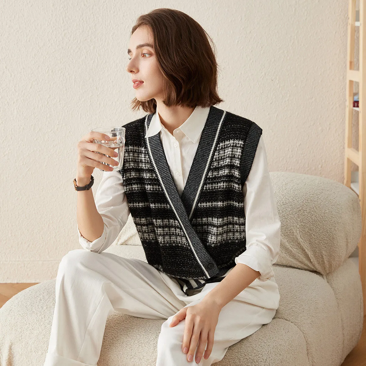 100% Cashmere Striped Knit Vest with Cross-Front Detail sold by COMOBOCA product image thumbnail 4