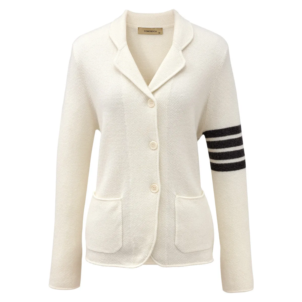 100% Cashmere Women's Striped Sleeve Knit Pocket Cardigan sold by COMOBOCA product image thumbnail 4