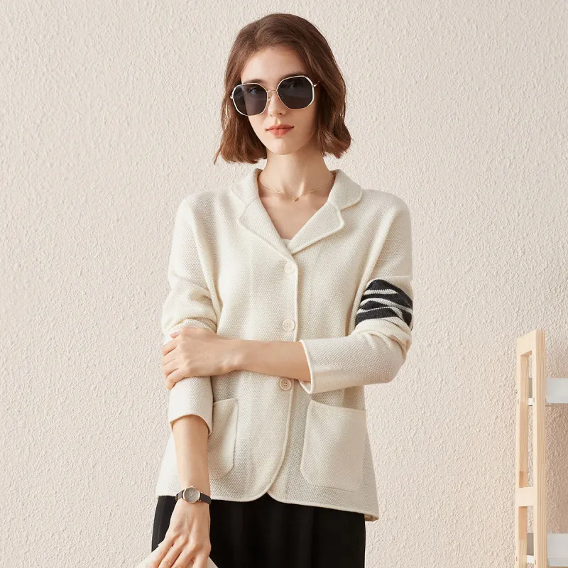 100% Cashmere Women's Striped Sleeve Knit Pocket Cardigan sold by COMOBOCA