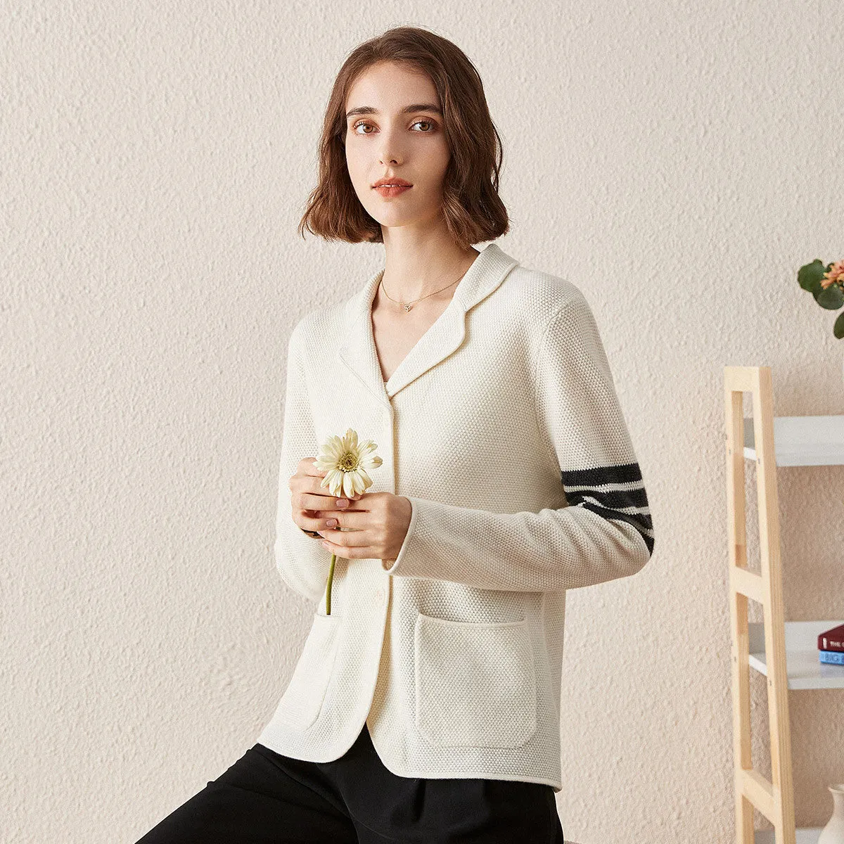 100% Cashmere Women's Striped Sleeve Knit Pocket Cardigan sold by COMOBOCA product image thumbnail 2