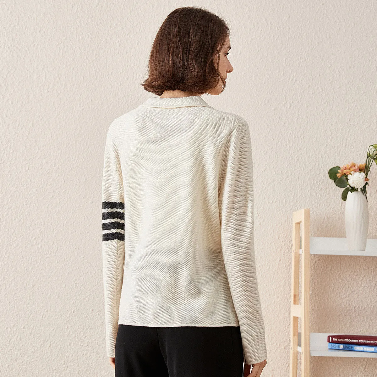 100% Cashmere Women's Striped Sleeve Knit Pocket Cardigan sold by COMOBOCA product image thumbnail 3
