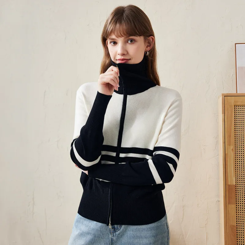 100% Wool Women's Striped Zip-Up Cardigan sold by COMOBOCA