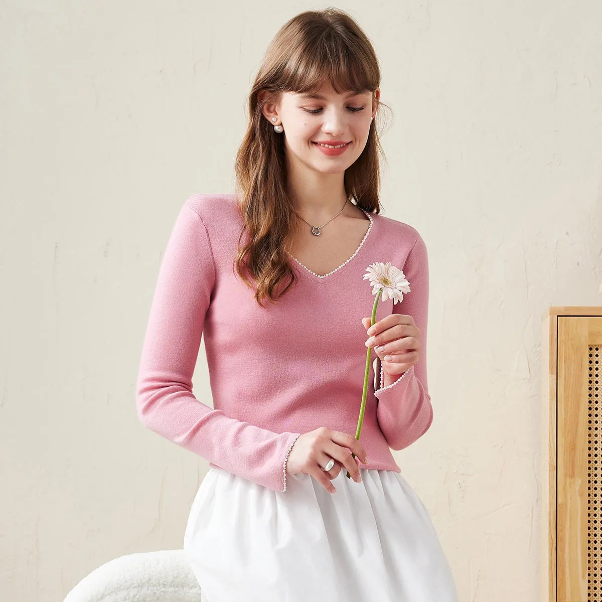 100% Wool Women's V-Neck With Pearl Accents Sweater sold by COMOBOCA product image thumbnail 2