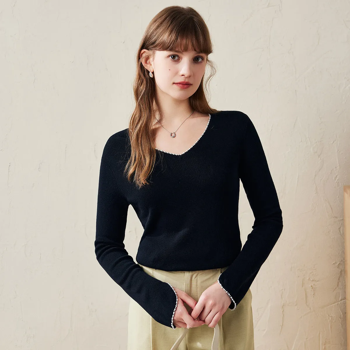 100% Wool Women's V-Neck With Pearl Accents Sweater sold by COMOBOCA