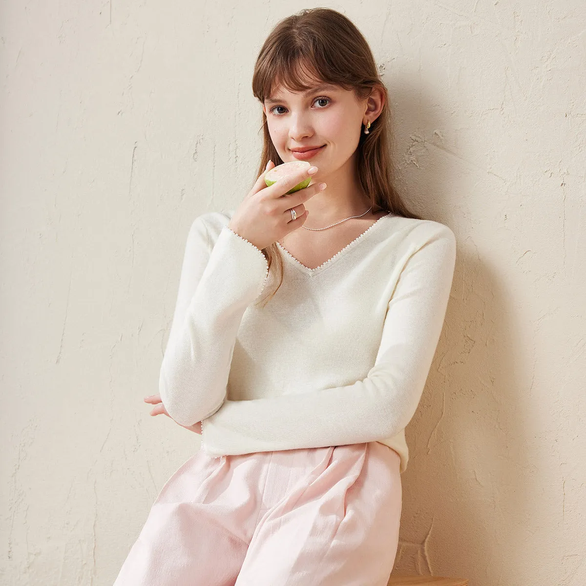 100% Wool Women's V-Neck With Pearl Accents Sweater sold by COMOBOCA product image thumbnail 4