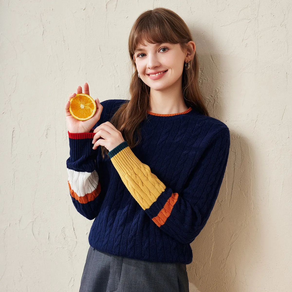 100% Wool Women's Colorblock Cable Knit Sweater sold by COMOBOCA product image thumbnail 2