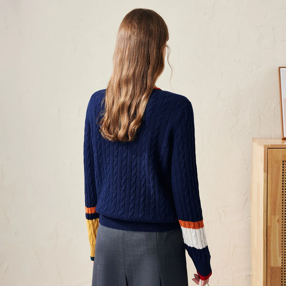 100% Wool Women's Colorblock Cable Knit Sweater sold by COMOBOCA product image thumbnail 3