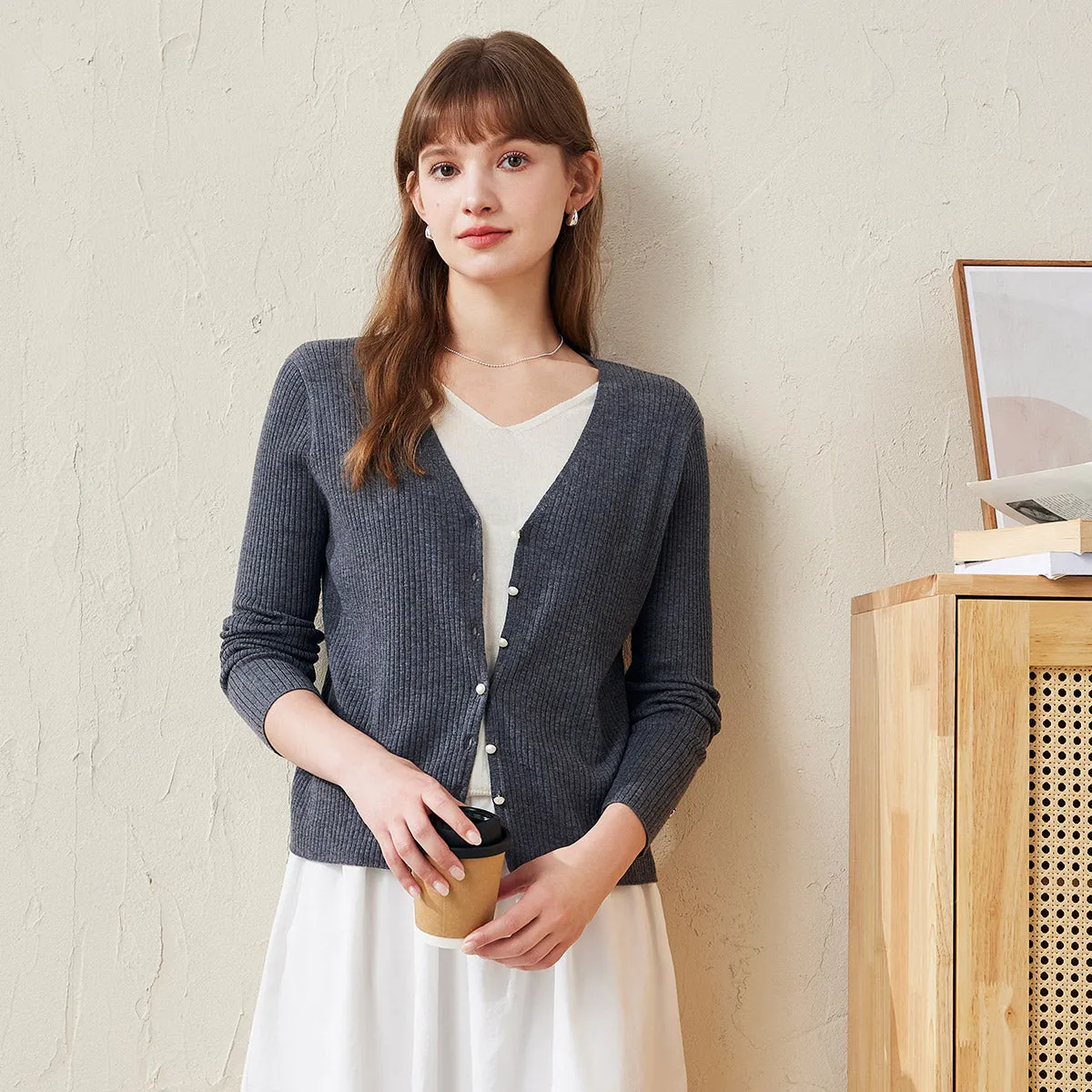 100% Wool Ribbed Knit Cardigan with Faux Layered sold by COMOBOCA product image thumbnail 4