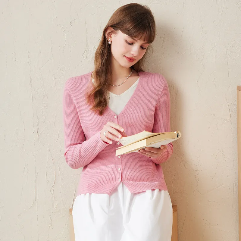 100% Wool Ribbed Knit Cardigan with Faux Layered sold by COMOBOCA