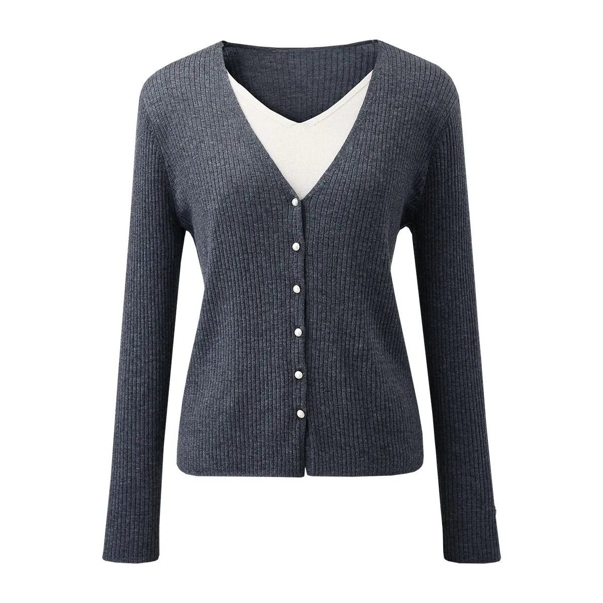 100% Wool Ribbed Knit Cardigan with Faux Layered sold by COMOBOCA product image thumbnail 5