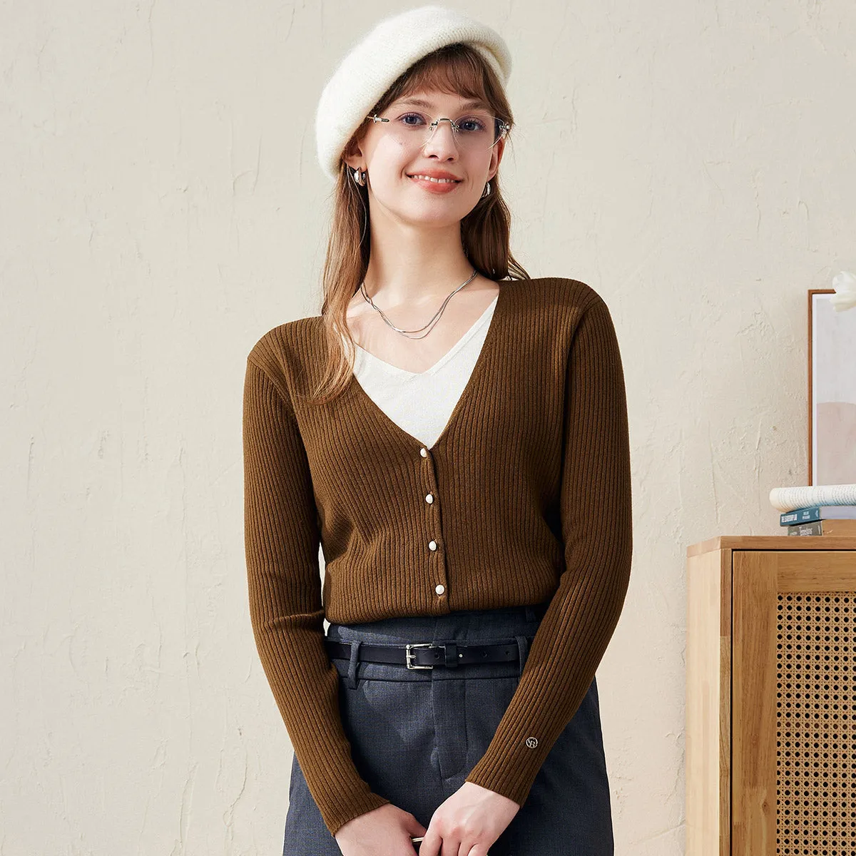 100% Wool Ribbed Knit Cardigan with Faux Layered sold by COMOBOCA product image thumbnail 2