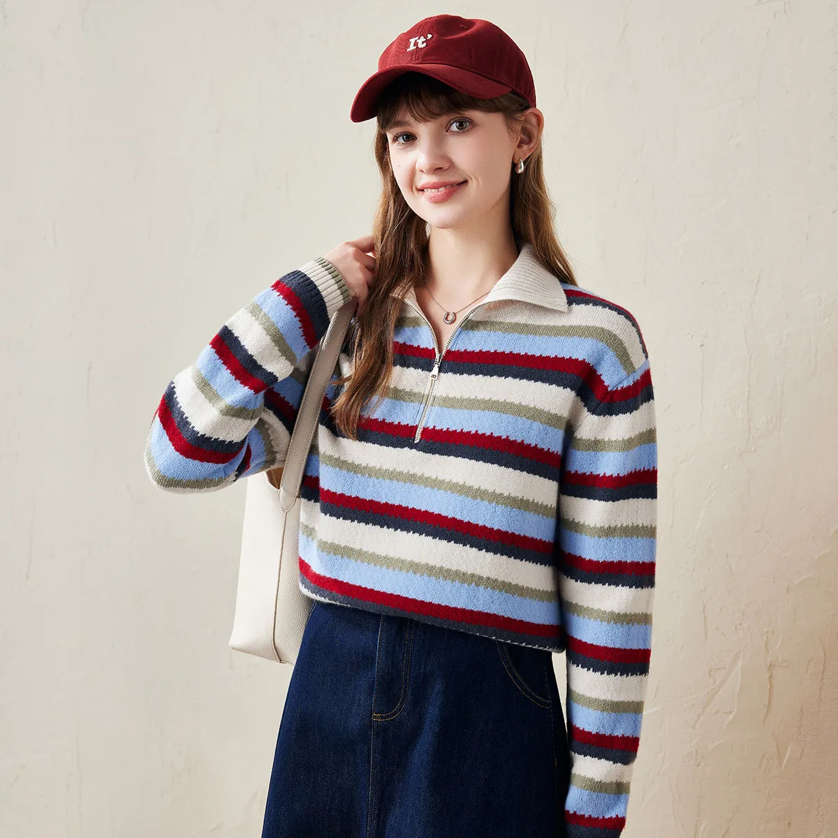 100% Wool Striped Cozy Knit Half-Zip Sweater sold by COMOBOCA