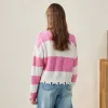 100% Wool Distressed Hem Striped Cable Knit Sweater sold by COMOBOCA