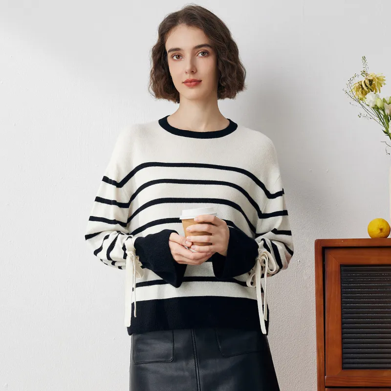 100% Cashmere Striped Knit Sweater with Ribbon Cuffs sold by COMOBOCA